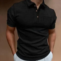 OUKU Men's Waffle Polo Shirt Golf Shirt Casual Daily Polo Collar Classic Short Sleeve Fashion Modern Solid Colored Pocket Button Front Spring & Summer Regular Fit Black White Blue Khaki Gray Waffle Polo