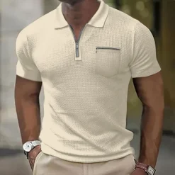 Discount OUKU Men's Waffle Polo Shirt Golf Shirt Casual Holiday Lapel Quarter Zip Short Sleeve Fashion Basic Plain Quarter Zip Summer Regular Fit Black White Blue Beige Gray Waffle Polo Shirt