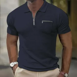 Discount OUKU Men's Waffle Polo Shirt Golf Shirt Casual Holiday Lapel Quarter Zip Short Sleeve Fashion Basic Plain Quarter Zip Summer Regular Fit Black White Blue Beige Gray Waffle Polo Shirt