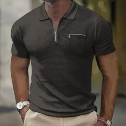 Discount OUKU Men's Waffle Polo Shirt Golf Shirt Casual Holiday Lapel Quarter Zip Short Sleeve Fashion Basic Plain Quarter Zip Summer Regular Fit Black White Blue Beige Gray Waffle Polo Shirt
