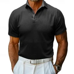 OUKU Men's Waffle Polo Shirt Golf Shirt Casual Holiday Lapel Ribbed Polo Collar Short Sleeve Fashion Basic Plain Button Soft Summer Spring Regular Fit Army Green Black White Burgundy Navy Blue Khaki