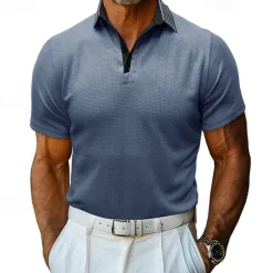 OUKU Men's Waffle Polo Shirt Golf Shirt Casual Holiday Lapel Ribbed Polo Collar Short Sleeve Fashion Basic Plain Button Soft Summer Spring Regular Fit Army Green Black White Burgundy Navy Blue Khaki