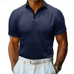 OUKU Men's Waffle Polo Shirt Golf Shirt Casual Holiday Lapel Ribbed Polo Collar Short Sleeve Fashion Basic Plain Button Soft Summer Spring Regular Fit Army Green Black White Burgundy Navy Blue Khaki