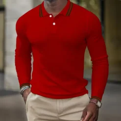 Sale OUKU Men's Waffle Polo Shirt Golf Shirt Casual Holiday Lapel Classic Long Sleeve Fashion Basic Plain Button Summer Regular Fit Fire Red Black White Dark Navy Grey Waffle Polo Shirt