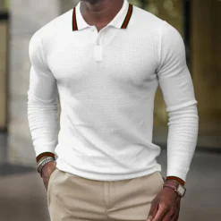 Sale OUKU Men's Waffle Polo Shirt Golf Shirt Casual Holiday Lapel Classic Long Sleeve Fashion Basic Plain Button Summer Regular Fit Fire Red Black White Dark Navy Grey Waffle Polo Shirt