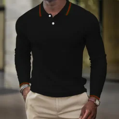 Sale OUKU Men's Waffle Polo Shirt Golf Shirt Casual Holiday Lapel Classic Long Sleeve Fashion Basic Plain Button Summer Regular Fit Fire Red Black White Dark Navy Grey Waffle Polo Shirt