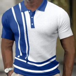 Online OUKU Men's Waffle Polo Shirt Golf Shirt Outdoor Street Turndown Short Sleeves Sports Fashion Striped Graphic Prints Button-Down Print Summer Spring Regular Fit Yellow Navy Blue Green Light Blue Gray
