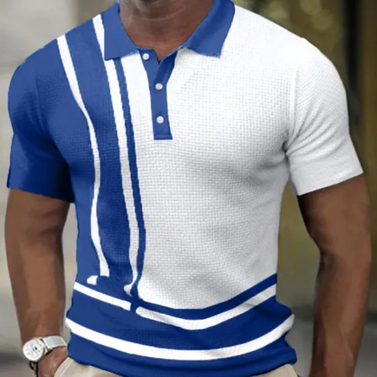 Online OUKU Men's Waffle Polo Shirt Golf Shirt Outdoor Street Turndown Short Sleeves Sports Fashion Striped Graphic Prints Button-Down Print Summer Spring Regular Fit Yellow Navy Blue Green Light Blue Gray