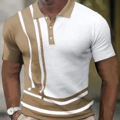 Online OUKU Men's Waffle Polo Shirt Golf Shirt Outdoor Street Turndown Short Sleeves Sports Fashion Striped Graphic Prints Button-Down Print Summer Spring Regular Fit Yellow Navy Blue Green Light Blue Gray