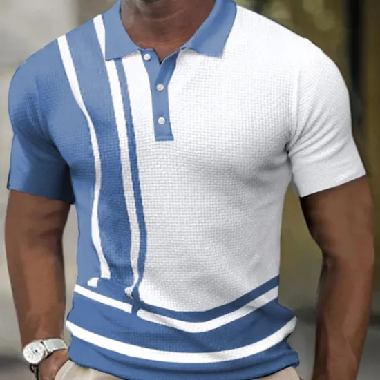 Online OUKU Men's Waffle Polo Shirt Golf Shirt Outdoor Street Turndown Short Sleeves Sports Fashion Striped Graphic Prints Button-Down Print Summer Spring Regular Fit Yellow Navy Blue Green Light Blue Gray