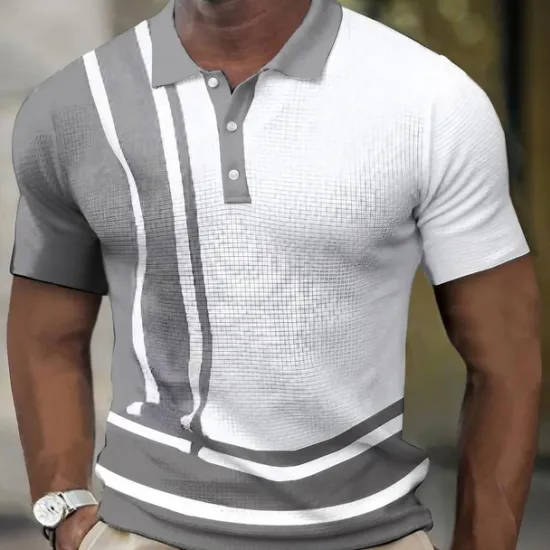 Online OUKU Men's Waffle Polo Shirt Golf Shirt Outdoor Street Turndown Short Sleeves Sports Fashion Striped Graphic Prints Button-Down Print Summer Spring Regular Fit Yellow Navy Blue Green Light Blue Gray