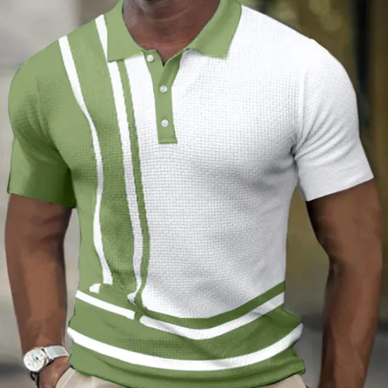 Online OUKU Men's Waffle Polo Shirt Golf Shirt Outdoor Street Turndown Short Sleeves Sports Fashion Striped Graphic Prints Button-Down Print Summer Spring Regular Fit Yellow Navy Blue Green Light Blue Gray