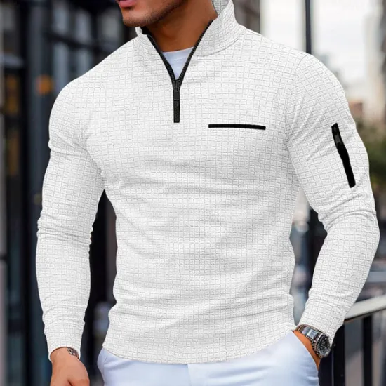 New OUKU Men's Waffle Polo Shirt Pullover Sports & Outdoor Daily Wear Quarter Zip Long Sleeve Fashion Comfortable Color Block Pocket Zip Up Spring & Fall Cross-Seasons Regular Fit Black White Navy Blue