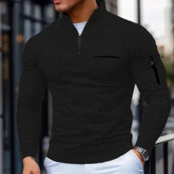 New OUKU Men's Waffle Polo Shirt Pullover Sports & Outdoor Daily Wear Quarter Zip Long Sleeve Fashion Comfortable Color Block Pocket Zip Up Spring & Fall Cross-Seasons Regular Fit Black White Navy Blue