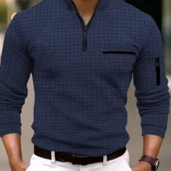 Best OUKU Men's Waffle Polo Shirt Pullover Sports & Outdoor Daily Wear Quarter Zip Long Sleeve Fashion Comfortable Color Block Pocket Zip Up Spring & Fall Regular Fit Black White Blue Orange Waffle Polo Shirt