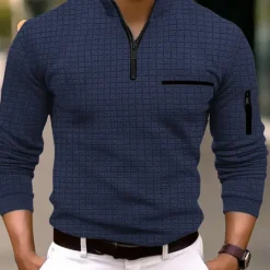 Best OUKU Men's Waffle Polo Shirt Pullover Sports & Outdoor Daily Wear Quarter Zip Long Sleeve Fashion Comfortable Color Block Pocket Zip Up Spring & Fall Regular Fit Black White Blue Orange Waffle Polo Shirt