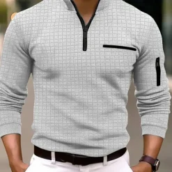 Clearance OUKU Men's Waffle Polo Shirt Quarter Zip Polo Daily Holiday Quarter Zip Long Sleeve Fashion Modern Plain Pocket Spring & Fall Regular Fit Black White Navy Blue Orange Light Grey Dark Gray Waffle Polo