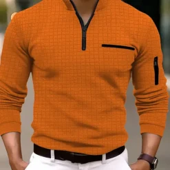 Clearance OUKU Men's Waffle Polo Shirt Quarter Zip Polo Daily Holiday Quarter Zip Long Sleeve Fashion Modern Plain Pocket Spring & Fall Regular Fit Black White Navy Blue Orange Light Grey Dark Gray Waffle Polo