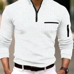 Clearance OUKU Men's Waffle Polo Shirt Quarter Zip Polo Daily Holiday Quarter Zip Long Sleeve Fashion Modern Plain Pocket Spring & Fall Regular Fit Black White Navy Blue Orange Light Grey Dark Gray Waffle Polo