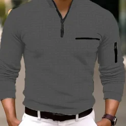 Clearance OUKU Men's Waffle Polo Shirt Quarter Zip Polo Daily Holiday Quarter Zip Long Sleeve Fashion Modern Plain Pocket Spring & Fall Regular Fit Black White Navy Blue Orange Light Grey Dark Gray Waffle Polo