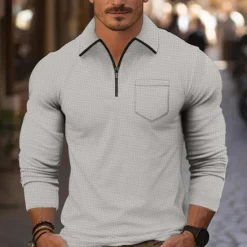 Sale OUKU Men's Waffle Polo Shirt Quarter Zip Polo Daily Holiday Quarter Zip Long Sleeve Fashion Modern Plain Front Pocket Spring & Fall Regular Fit Black White Navy Blue Light Grey Beige Waffle Polo Shirt