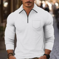 Sale OUKU Men's Waffle Polo Shirt Quarter Zip Polo Daily Holiday Quarter Zip Long Sleeve Fashion Modern Plain Front Pocket Spring & Fall Regular Fit Black White Navy Blue Light Grey Beige Waffle Polo Shirt
