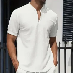 OUKU Men's Waffle Polo Shirt Quarter Zip Polo Daily Holiday Quarter Zip Short Sleeve Fashion Basic Plain Spring & Summer Regular Fit Black White Royal Blue Light Grey Apricot Waffle Polo Shirt
