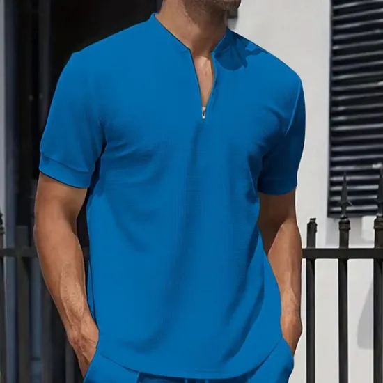OUKU Men's Waffle Polo Shirt Quarter Zip Polo Daily Holiday Quarter Zip Short Sleeve Fashion Basic Plain Spring & Summer Regular Fit Black White Royal Blue Light Grey Apricot Waffle Polo Shirt