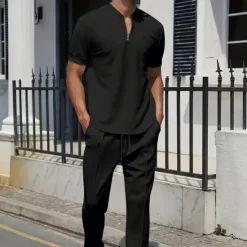 New OUKU Men's Waffle Polo Shirt Quarter Zip Polo Daily Holiday Quarter Zip Short Sleeve Fashion Basic Plain Spring & Summer Regular Fit Black White Blue Khaki Gray Waffle Polo Shirt