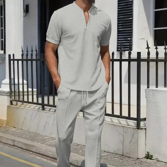 New OUKU Men's Waffle Polo Shirt Quarter Zip Polo Daily Holiday Quarter Zip Short Sleeve Fashion Basic Plain Spring & Summer Regular Fit Black White Blue Khaki Gray Waffle Polo Shirt
