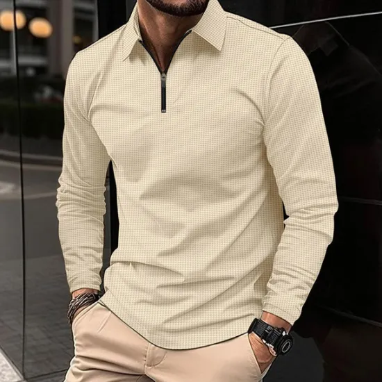 Best OUKU Men's Waffle Polo Shirt Quarter Zip Polo Daily Holiday Turndown Long Sleeve Fashion Modern Plain Texture Spring & Fall Regular Fit Black White Blue Brown Green Khaki Waffle Polo Shirt
