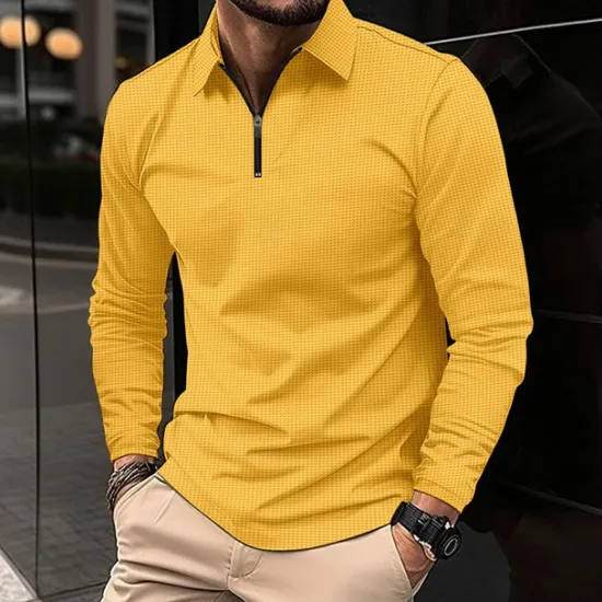 Best OUKU Men's Waffle Polo Shirt Quarter Zip Polo Daily Holiday Turndown Long Sleeve Fashion Modern Plain Texture Spring & Fall Regular Fit Black White Blue Brown Green Khaki Waffle Polo Shirt