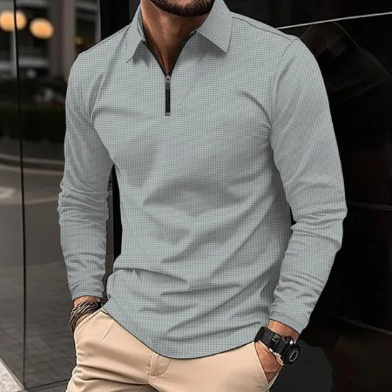 Best OUKU Men's Waffle Polo Shirt Quarter Zip Polo Daily Holiday Turndown Long Sleeve Fashion Modern Plain Texture Spring & Fall Regular Fit Black White Blue Brown Green Khaki Waffle Polo Shirt
