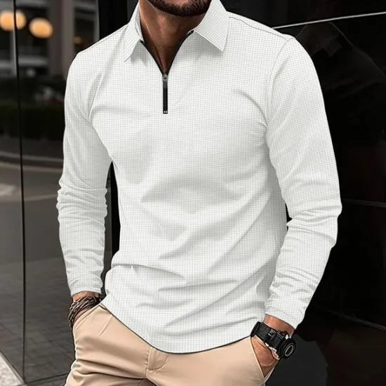 Best OUKU Men's Waffle Polo Shirt Quarter Zip Polo Daily Holiday Turndown Long Sleeve Fashion Modern Plain Texture Spring & Fall Regular Fit Black White Blue Brown Green Khaki Waffle Polo Shirt