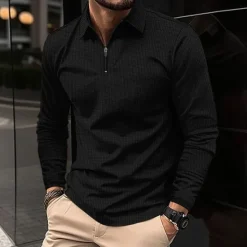 Best OUKU Men's Waffle Polo Shirt Quarter Zip Polo Daily Holiday Turndown Long Sleeve Fashion Modern Plain Texture Spring & Fall Regular Fit Black White Blue Brown Green Khaki Waffle Polo Shirt