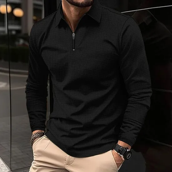 Best OUKU Men's Waffle Polo Shirt Quarter Zip Polo Daily Holiday Turndown Long Sleeve Fashion Modern Plain Texture Spring & Fall Regular Fit Black White Blue Brown Green Khaki Waffle Polo Shirt