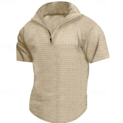 Best OUKU Men's Waffle Polo Shirt Quarter Zip Polo Daily Holiday Quarter Zip Short Sleeve Fashion Basic Plain Spring & Summer Regular Fit Black White Burgundy Khaki Light Grey Army Green Waffle Polo Shirt