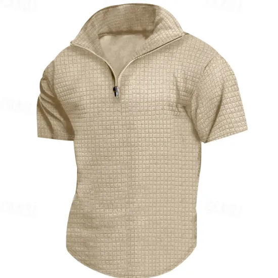Best OUKU Men's Waffle Polo Shirt Quarter Zip Polo Daily Holiday Quarter Zip Short Sleeve Fashion Basic Plain Spring & Summer Regular Fit Black White Burgundy Khaki Light Grey Army Green Waffle Polo Shirt