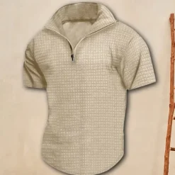 Best OUKU Men's Waffle Polo Shirt Quarter Zip Polo Daily Holiday Quarter Zip Short Sleeve Fashion Basic Plain Spring & Summer Regular Fit Black White Burgundy Khaki Light Grey Army Green Waffle Polo Shirt