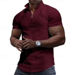 Best OUKU Men's Waffle Polo Shirt Quarter Zip Polo Daily Holiday Quarter Zip Short Sleeve Fashion Basic Plain Spring & Summer Regular Fit Black White Burgundy Khaki Light Grey Army Green Waffle Polo Shirt