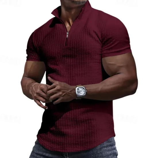 Best OUKU Men's Waffle Polo Shirt Quarter Zip Polo Daily Holiday Quarter Zip Short Sleeve Fashion Basic Plain Spring & Summer Regular Fit Black White Burgundy Khaki Light Grey Army Green Waffle Polo Shirt