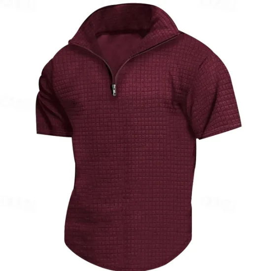 Best OUKU Men's Waffle Polo Shirt Quarter Zip Polo Daily Holiday Quarter Zip Short Sleeve Fashion Basic Plain Spring & Summer Regular Fit Black White Burgundy Khaki Light Grey Army Green Waffle Polo Shirt