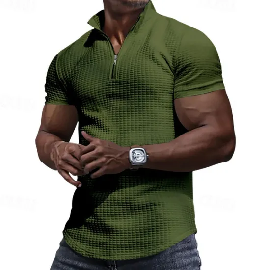 Best OUKU Men's Waffle Polo Shirt Quarter Zip Polo Daily Holiday Quarter Zip Short Sleeve Fashion Basic Plain Spring & Summer Regular Fit Black White Burgundy Khaki Light Grey Army Green Waffle Polo Shirt