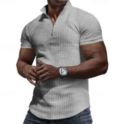 Best OUKU Men's Waffle Polo Shirt Quarter Zip Polo Daily Holiday Quarter Zip Short Sleeve Fashion Basic Plain Spring & Summer Regular Fit Black White Burgundy Khaki Light Grey Army Green Waffle Polo Shirt