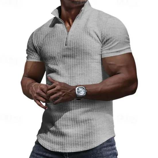 Best OUKU Men's Waffle Polo Shirt Quarter Zip Polo Daily Holiday Quarter Zip Short Sleeve Fashion Basic Plain Spring & Summer Regular Fit Black White Burgundy Khaki Light Grey Army Green Waffle Polo Shirt