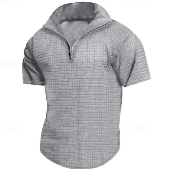 Best OUKU Men's Waffle Polo Shirt Quarter Zip Polo Daily Holiday Quarter Zip Short Sleeve Fashion Basic Plain Spring & Summer Regular Fit Black White Burgundy Khaki Light Grey Army Green Waffle Polo Shirt