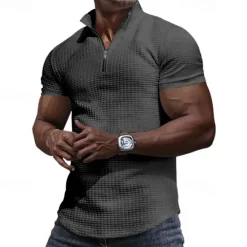 Best OUKU Men's Waffle Polo Shirt Quarter Zip Polo Daily Holiday Quarter Zip Short Sleeve Fashion Basic Plain Spring & Summer Regular Fit Black White Burgundy Khaki Light Grey Army Green Waffle Polo Shirt