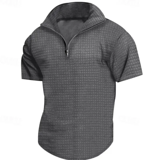 Best OUKU Men's Waffle Polo Shirt Quarter Zip Polo Daily Holiday Quarter Zip Short Sleeve Fashion Basic Plain Spring & Summer Regular Fit Black White Burgundy Khaki Light Grey Army Green Waffle Polo Shirt