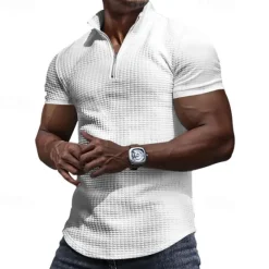 Best OUKU Men's Waffle Polo Shirt Quarter Zip Polo Daily Holiday Quarter Zip Short Sleeve Fashion Basic Plain Spring & Summer Regular Fit Black White Burgundy Khaki Light Grey Army Green Waffle Polo Shirt