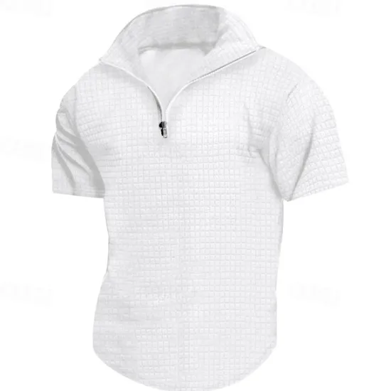 Best OUKU Men's Waffle Polo Shirt Quarter Zip Polo Daily Holiday Quarter Zip Short Sleeve Fashion Basic Plain Spring & Summer Regular Fit Black White Burgundy Khaki Light Grey Army Green Waffle Polo Shirt